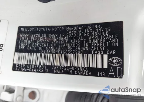 2016 Toyota Corolla Le z USA, uszkodzony, nr VIN 2T1BURHE4GC557995